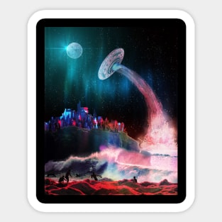 Waves At The Alien Beach As UFO Takes Off Into Space Sticker